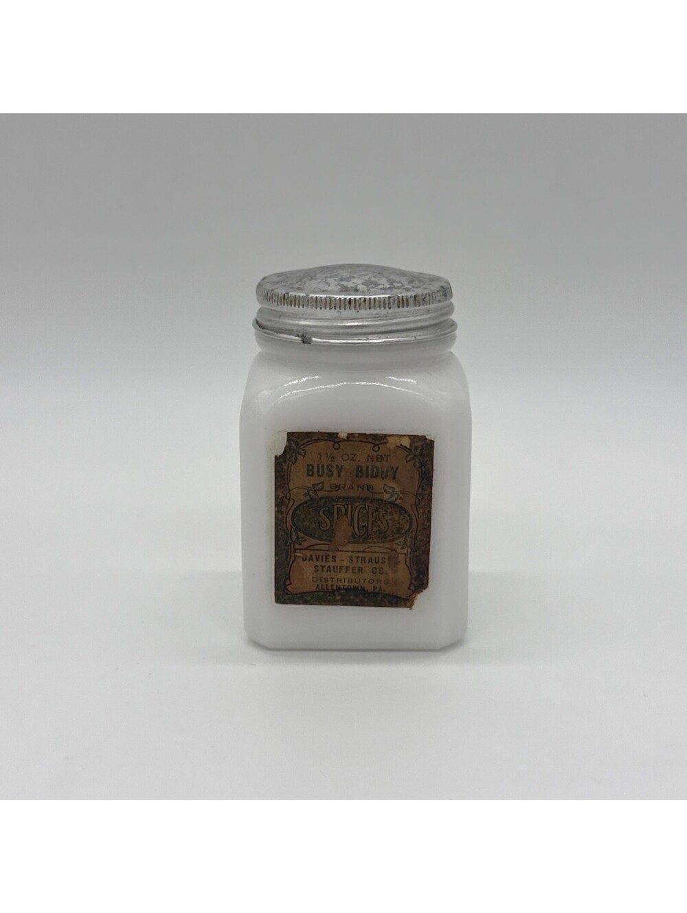 Vintage Milk Glass Spice Jar Busy Biddy Brand Ginger Metal Lid 3.25" Allentown